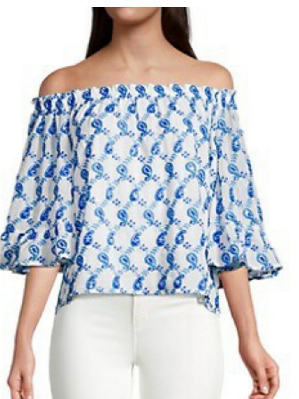 Lilly Pulitzer Alva Top  White Off-Shoulder Blouse with Blue Paisley Embroidery
